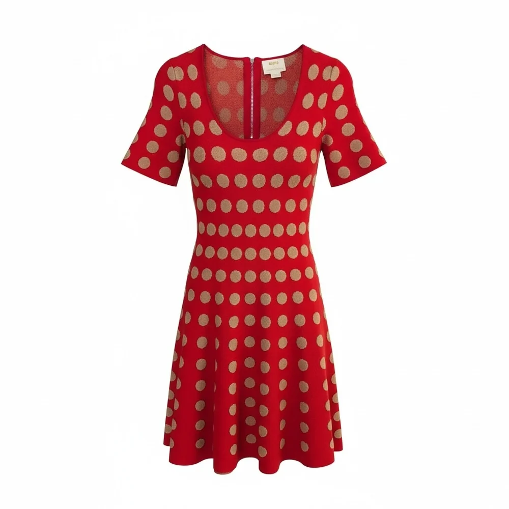 Maeve by Anthropologie Red Gold Polka Dot Knit Fit Flare Dress XS Retro Mod